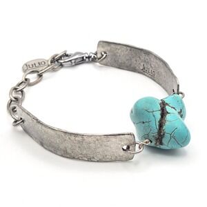 Julio Jewelry Turquoise Stone Hammered Silver Tone Metal Plate Rustic Bracelet